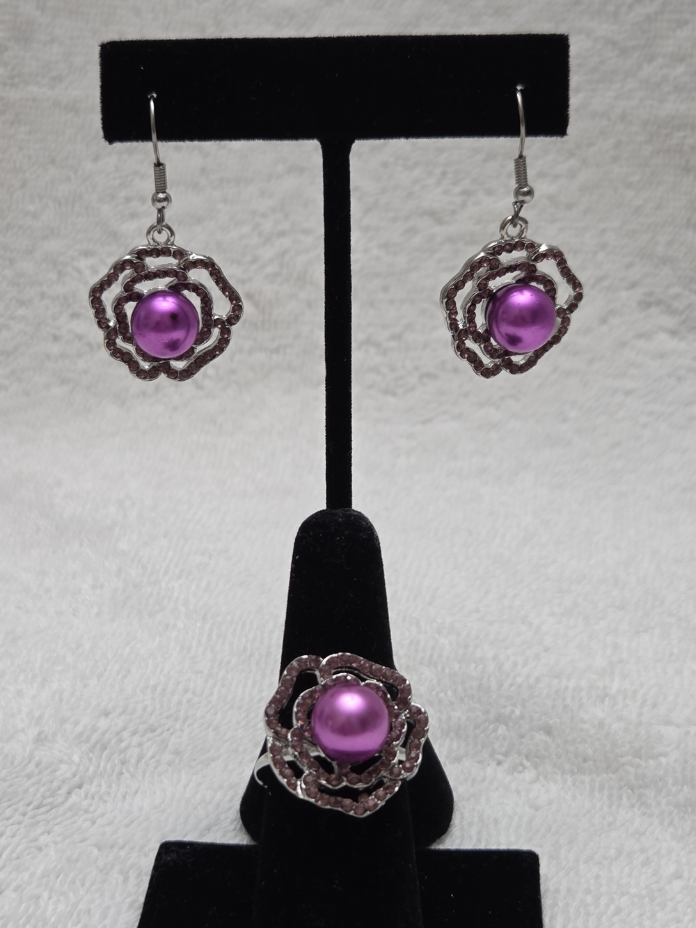 Simulated Purple Pearl & Purple Austrian Crystal Rose Earrings and Ring Set